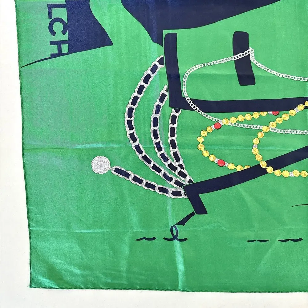 VINTAGE CHANEL SILHOUETTE PORTRAIT SCARF GREEN NAVY